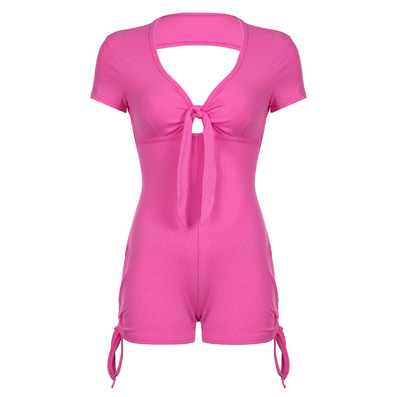 Summer Backless Drawstring Strap Sports Short Sleeved Jumpsuit Pleated Jumpsuit
