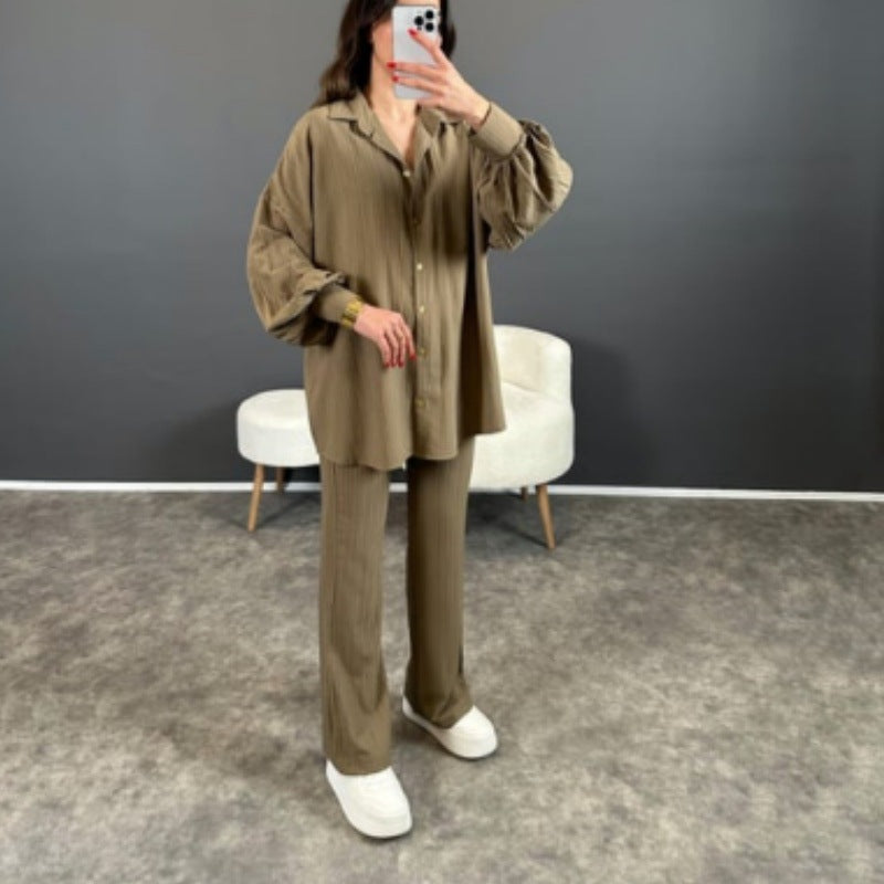 Bubble Long Sleeve Loose Lace Up Shirt Straight Pants Two Pieces Sets
