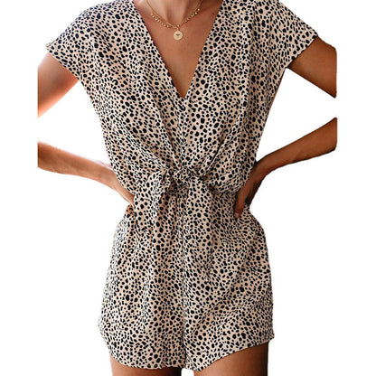 Summer Wome Clothing Leopard Print Printed V-neck Sleeveless Waist Trimming Romper