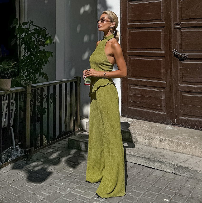 Spring Summer Design Green Sleeveless Halter Vest Wide Leg Pants Two Piece Set Office