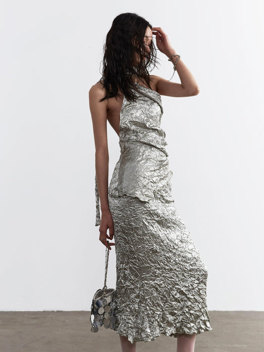 Jnylon Studio Metallic Crinkle One-shoulder Maxi Dress - Silver Textured Evening Gown With Asymmetric Strap