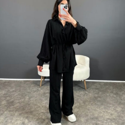 Bubble Long Sleeve Loose Lace Up Shirt Straight Pants Two Pieces Sets
