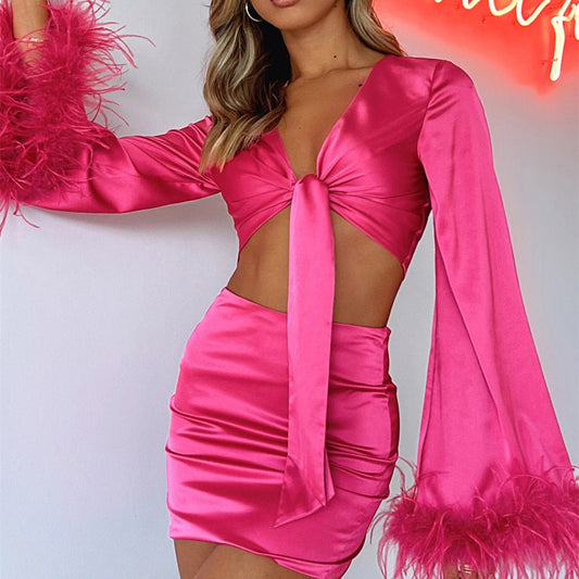 Satin Set Feather V Neck Patchwork Lace Up Short Top Hip Skirt Slit Pants