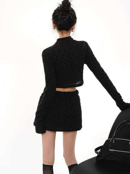 Black Ribbed Turtleneck Crop Top - Long Sleeve Fitted Mock Neck Sweater