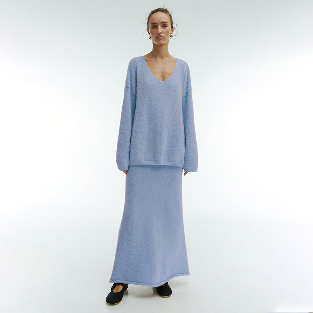 Sweater Suit Autumn Winter Office Simple Knitting V Neck Sweater Skirt Set