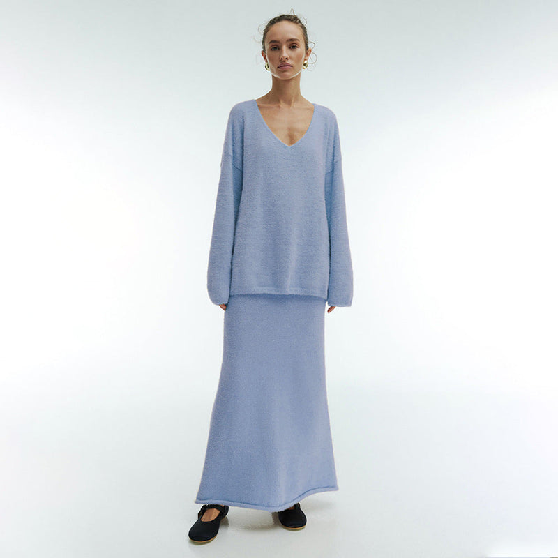 Sweater Suit Autumn Winter Office Simple Knitting V Neck Sweater Skirt Set