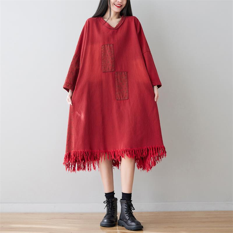 V Neck Long Tassel Sweater Washed Dots Patch Long Sleeves Dress Slimming