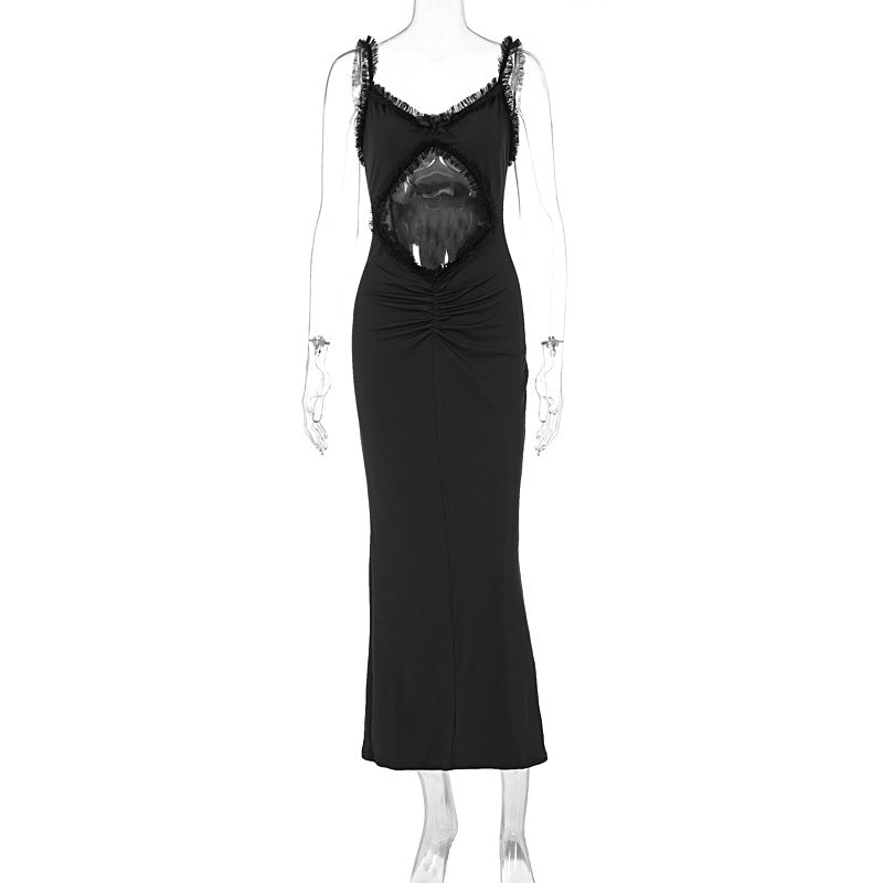 Summer Suspender Wooden Ear Collarless Cropped Slim Fit Jumpsuit Maxi Dress