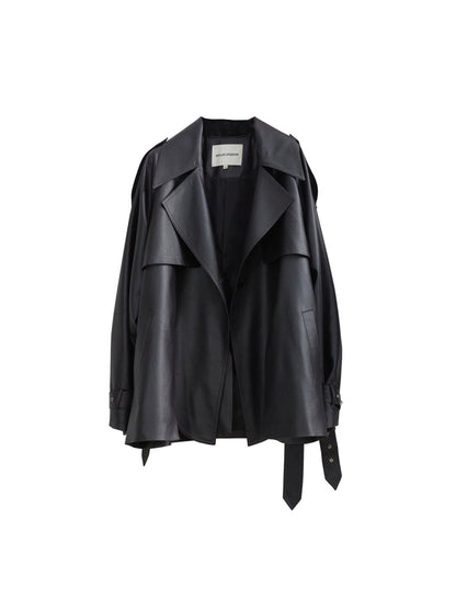 Matte Leather Short Coat With Slit Design