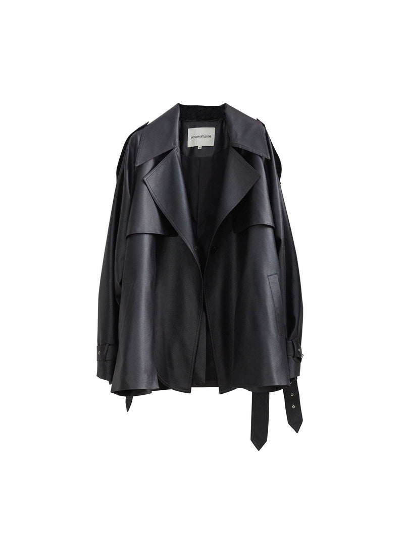 Matte Leather Short Coat With Slit Design