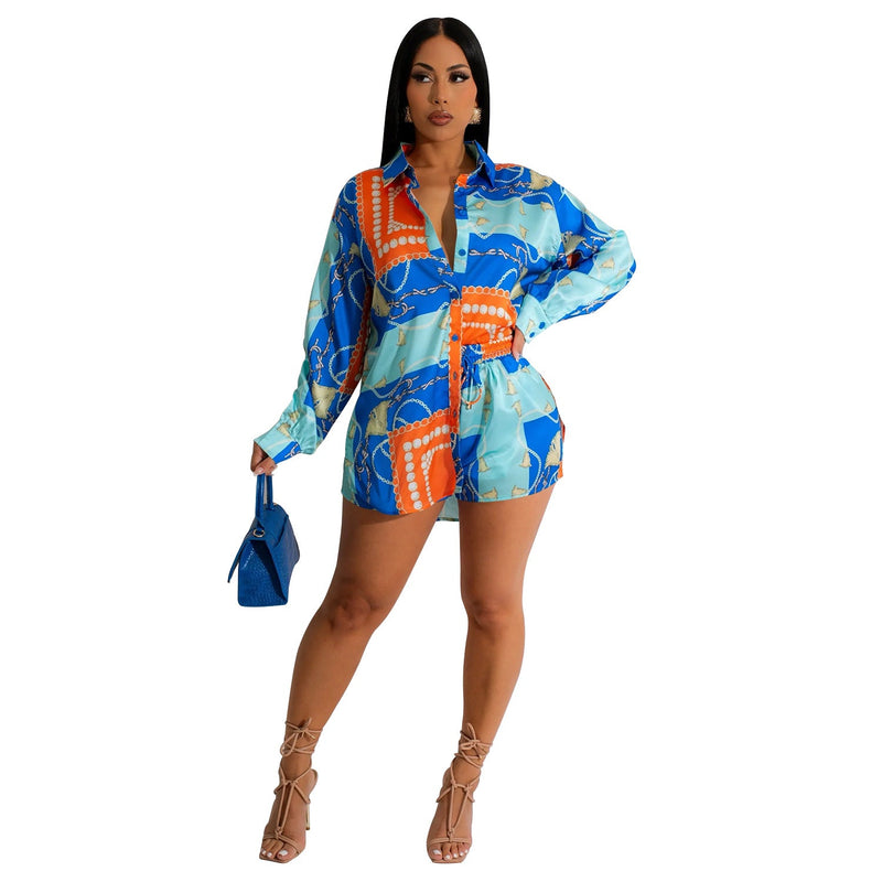 Wear Color Stitching Turnover Neck Shirt Long Sleeve Shorts Two Piece Set