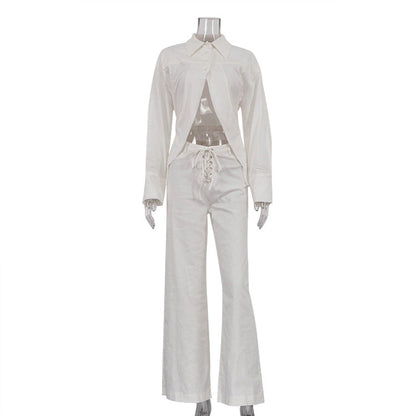 Collared Long Sleeves Cropped Design White Shirt Hollow Out Cutout Out Tied Wide Leg Pants Two Piece Set