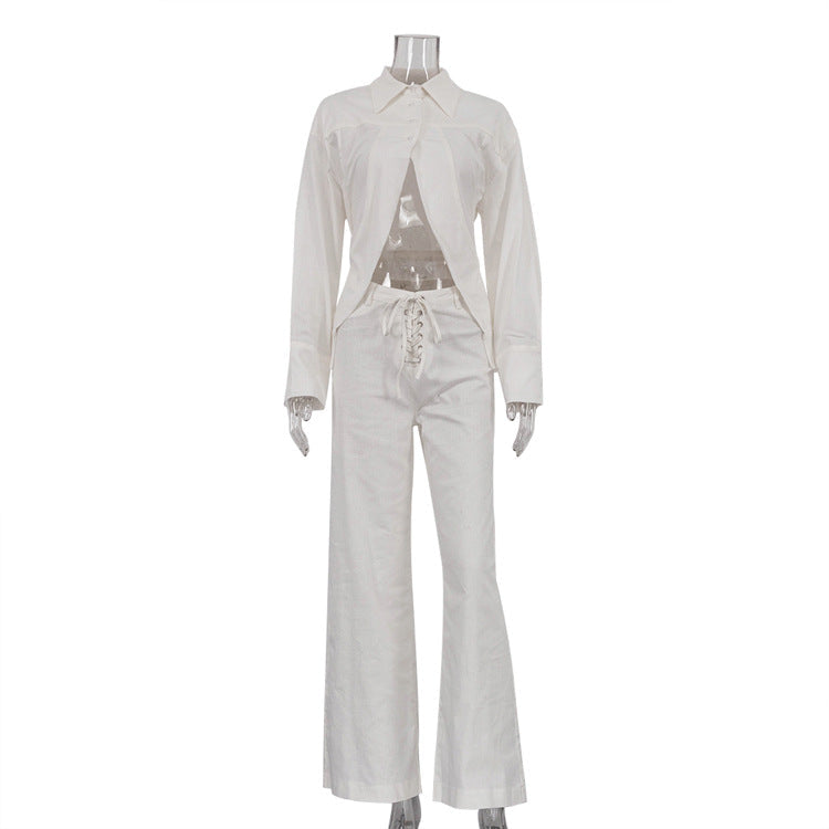 Collared Long Sleeves Cropped Design White Shirt Hollow Out Cutout Out Tied Wide Leg Pants Two Piece Set
