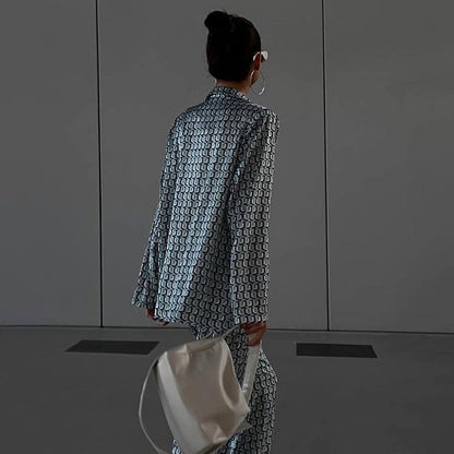 Early Autumn Clothing Long Sleeve Collared Bootleg Pants Printing Suit Matching Street
