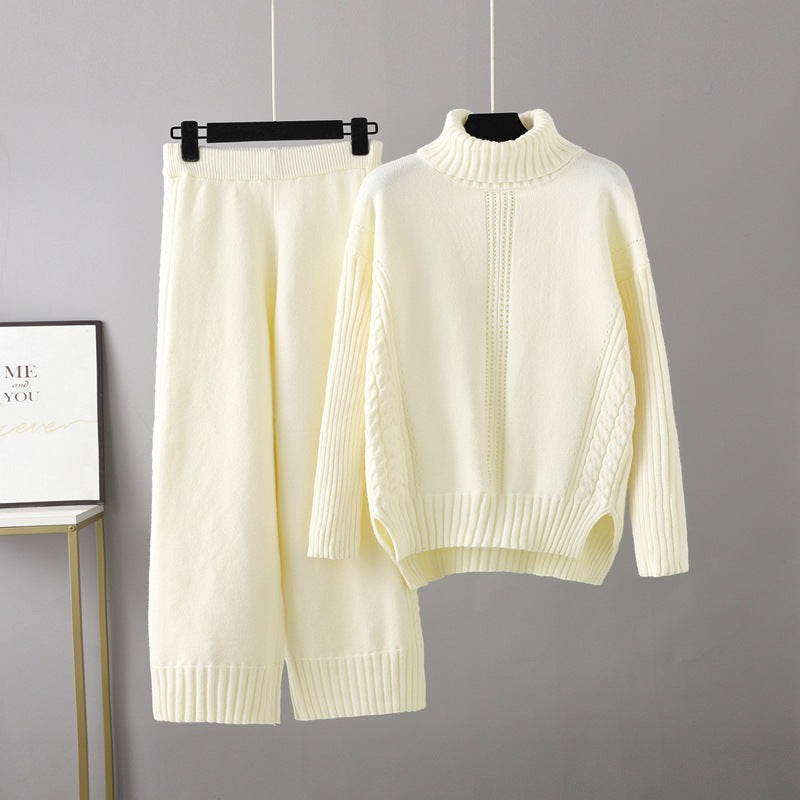 Turtleneck Pullover Thickened Knitting Sweater Set Autumn Winter Loose Idle Wide Leg Pants Two Piece Set