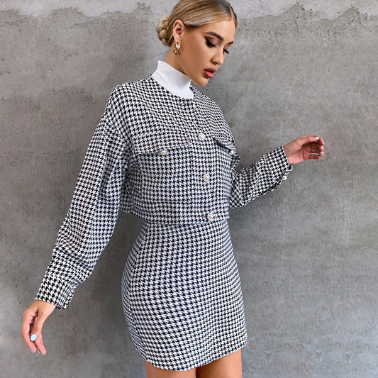 Short Set Long-sleeved Single-breasted Top High Waist Hip-wrapped Skirt Sports Two-piece Set