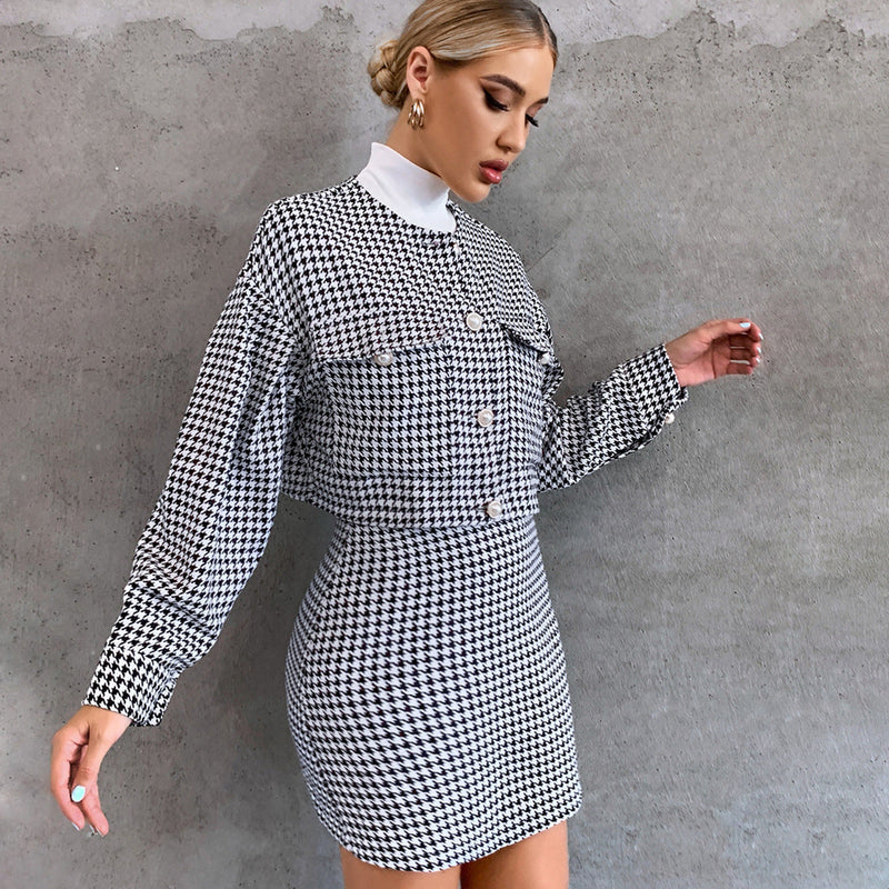 Short Set Long-sleeved Single-breasted Top High Waist Hip-wrapped Skirt Sports Two-piece Set