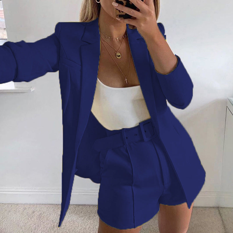 Top Shorts Suit With Belt Polo Collar Cardigan