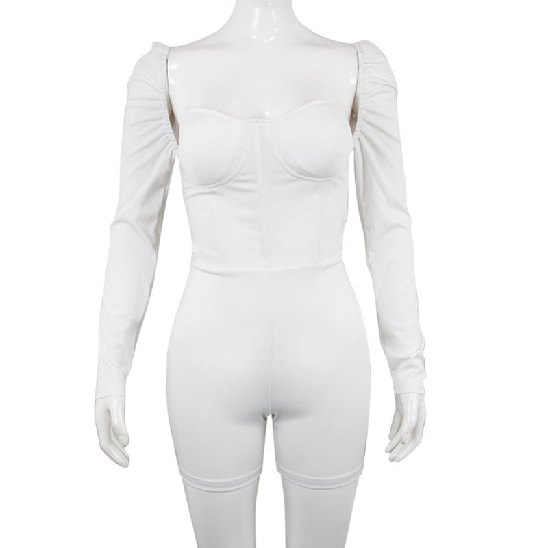 Clothing Spring Low Cut Long Sleeve High Waist Slim Slimming Sheath Romper