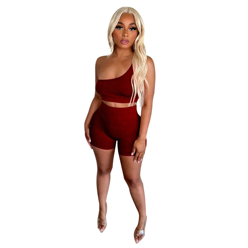 Popular Diagonal Collar Sleeveless High Waist Shorts Sports Suit
