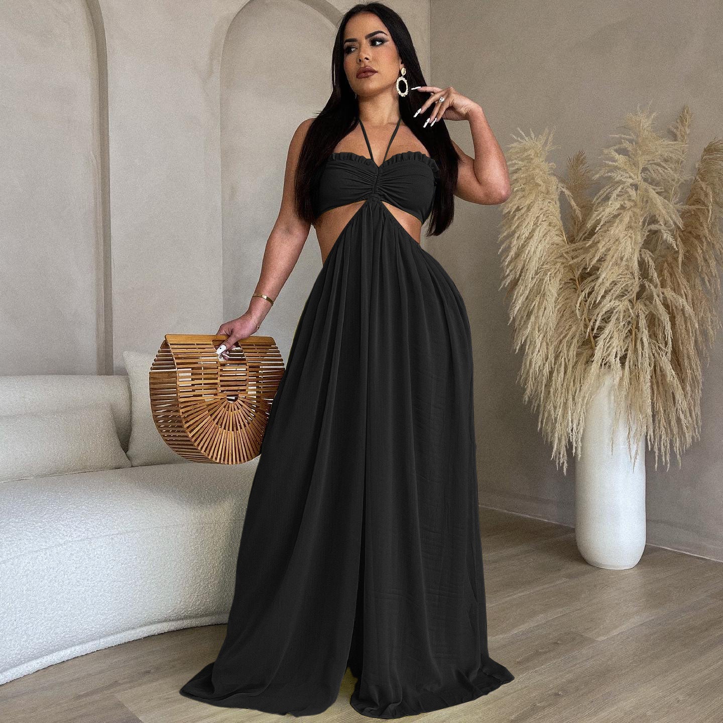 Source Chiffon Chest Wrapped Bare Back Wide Leg Jumpsuit Clothing