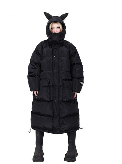 Pinkspink Cat Ear Hooded Puffer Coat - Jet Black