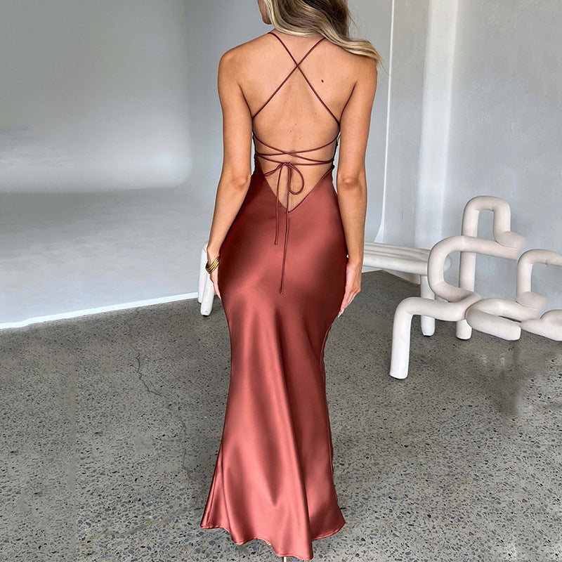 Clothing Strap Satin Dress Autumn Backless Lace Up Waist Controlled Maxi Dress