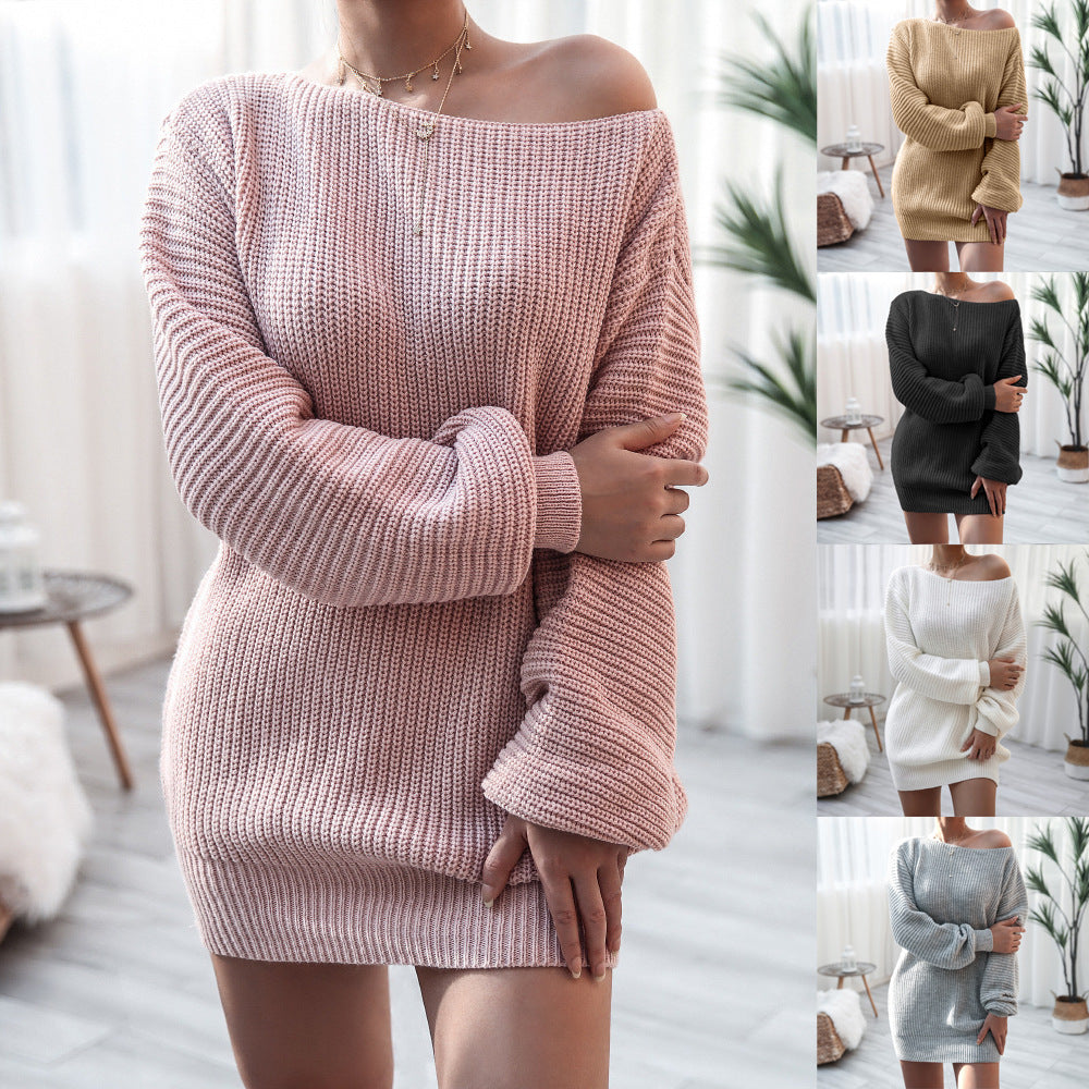 Autumn Winter Long Sleeve Off Shoulder Loose Knitted Sweater Dress Clothing