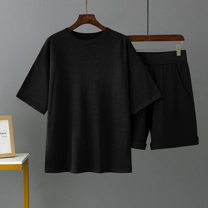 Color Round Neck Short Sleeve T Shirt Shorts Set Summer Loose Outer Wear Ice Silk Two Piece Suit