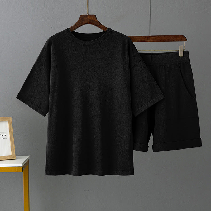 Color Round Neck Short Sleeve T Shirt Shorts Set Summer Loose Outer Wear Ice Silk Two Piece Suit