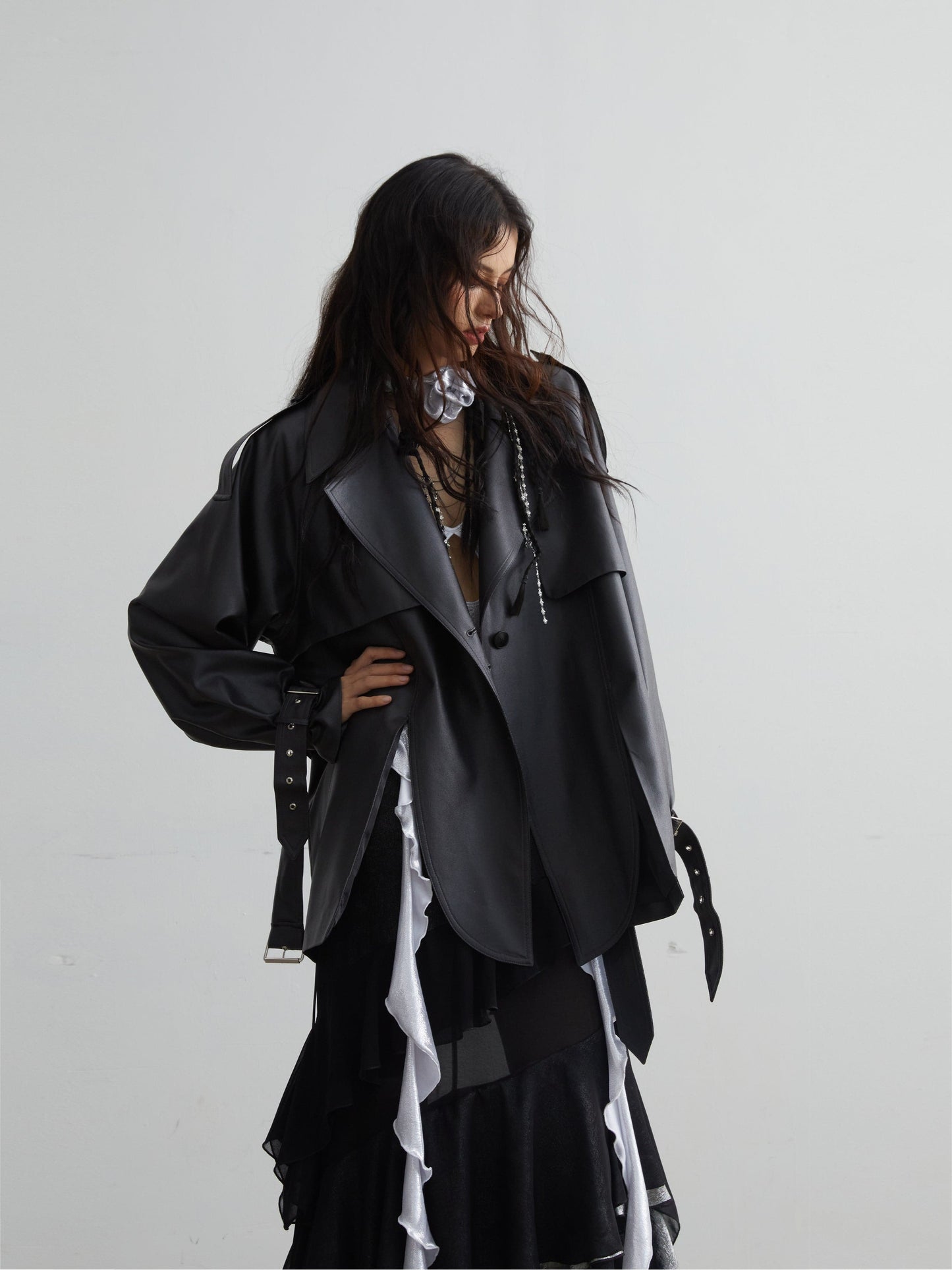 Matte Leather Short Coat With Slit Design