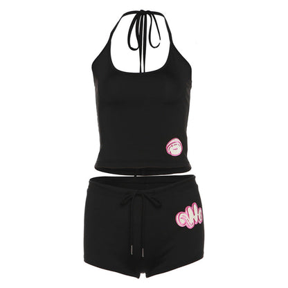 Spring Clothes Halter Backless Slim Fit Vest Low Waist Hip Lifting Tight Shorts Set