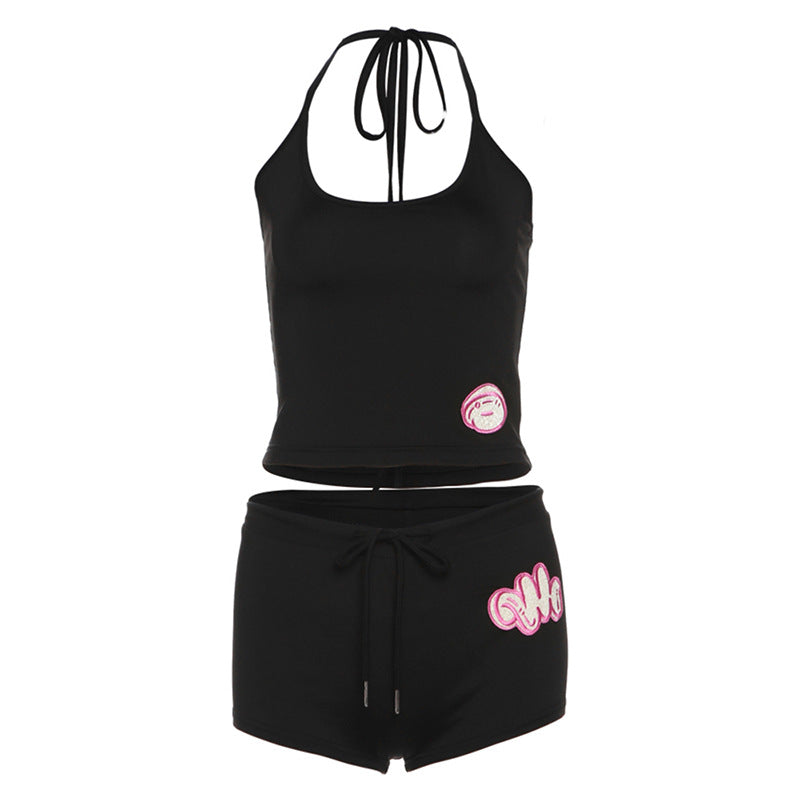 Spring Clothes Halter Backless Slim Fit Vest Low Waist Hip Lifting Tight Shorts Set