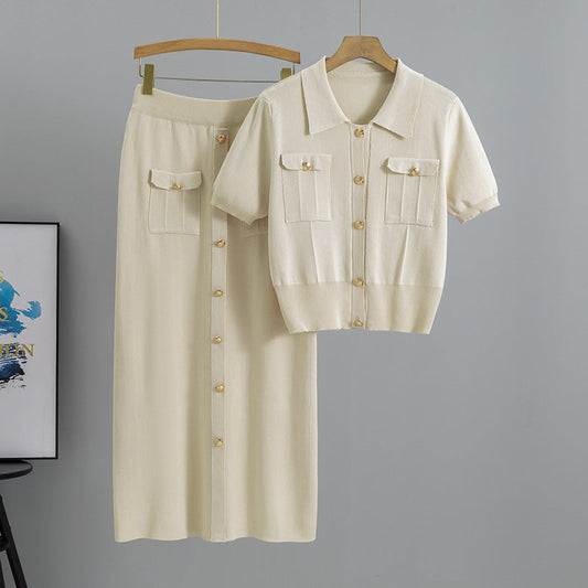 Apricot - Short-sleeve Knitted Cardigan Two Piece Set