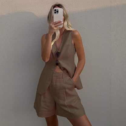 Cotton Linen Vest Shorts Set Summer Office Vest Shorts Set