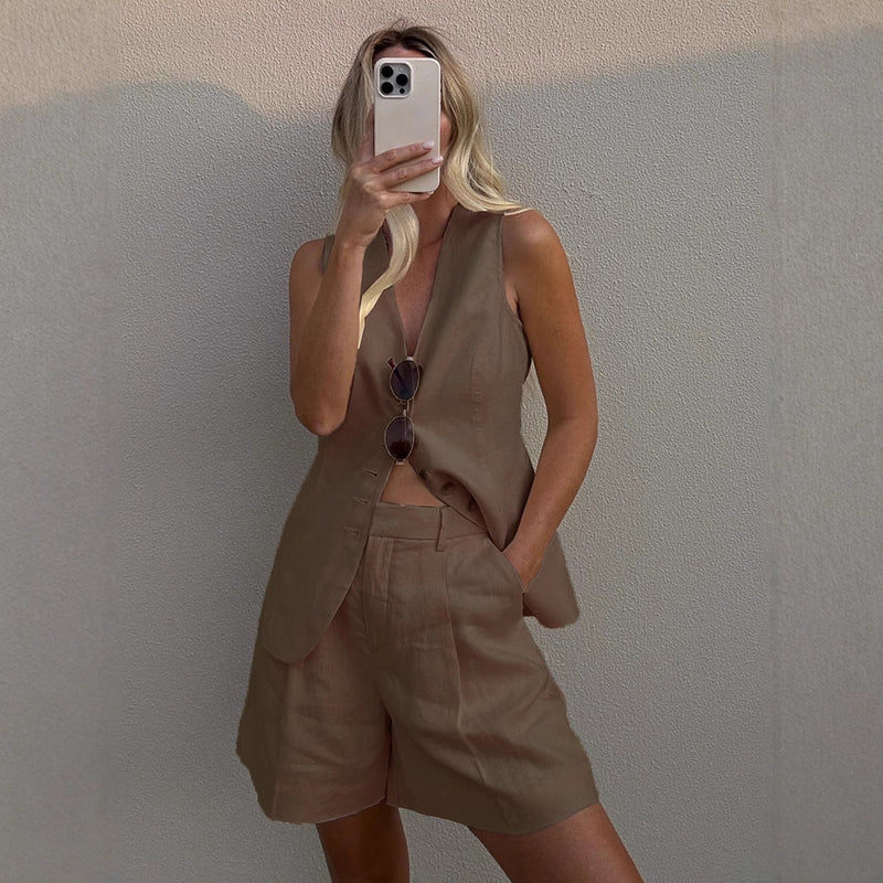 Cotton Linen Vest Shorts Set Summer Office Vest Shorts Set