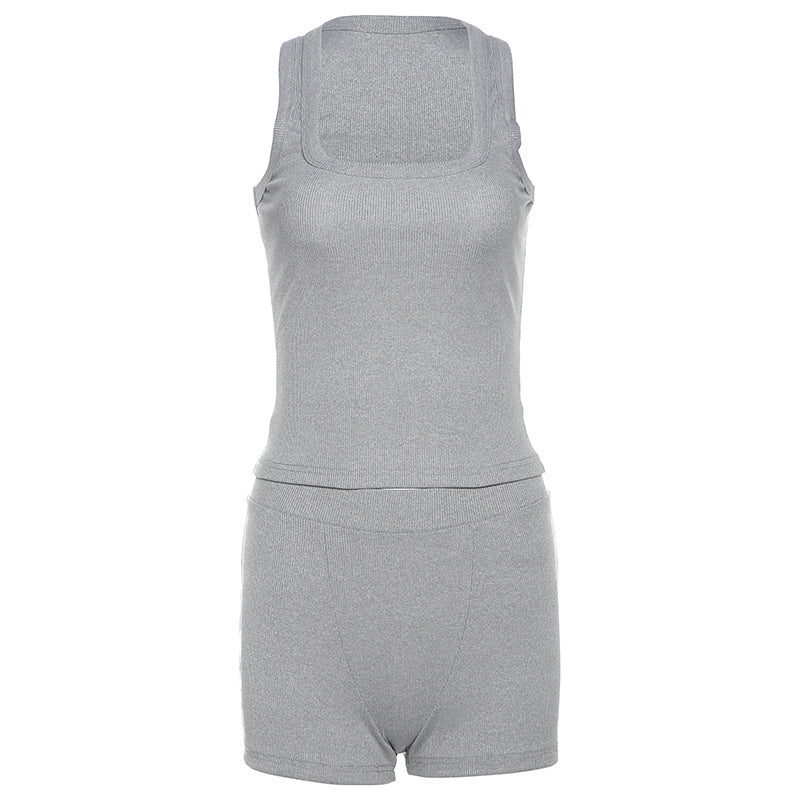 Clothing Autumn Round Neck Color Slim Fit I Shape Vest High Waist Shorts Suit