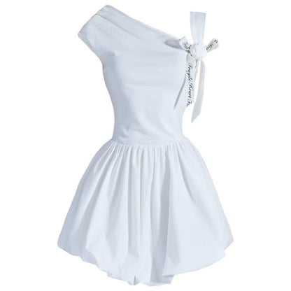 Angelic One-shoulder White Ballerina Mini Dress With Bow Detail