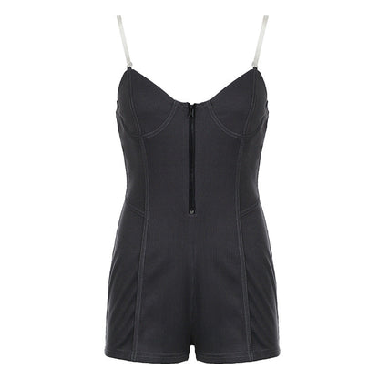 Tube Top See Through Bra Straps Distressed Rib Jumpsuit Personality Suspender Shorts
