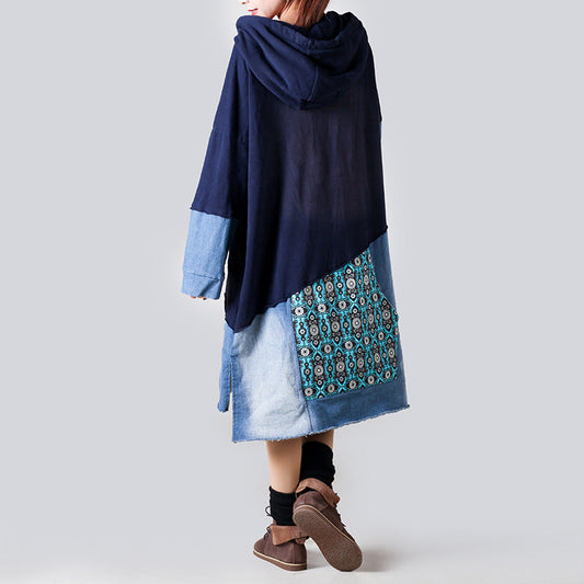 Patchwork Hooded Sweater Mid Length Retro Slimming Printed Pullover