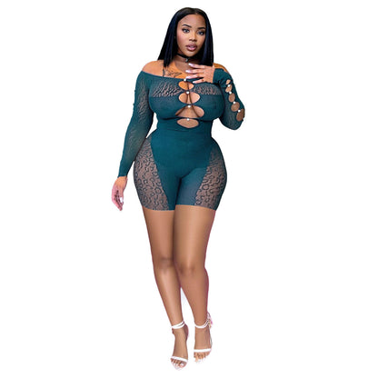Spring Summer Thread Mesh Pearl Buckle Off-shoulder Siamese Shorts