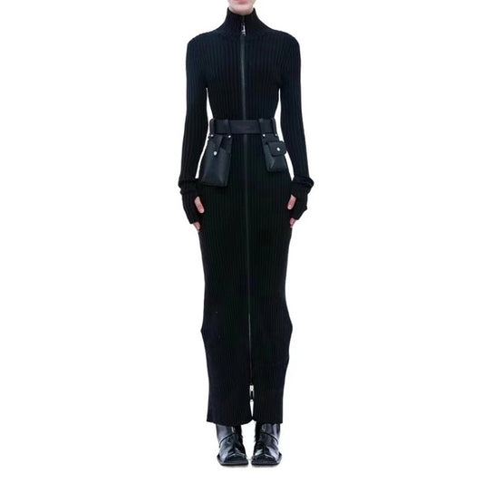 Long Dress Autumn Pocket Belt Design Waist Tight Slimming Knitted Dress