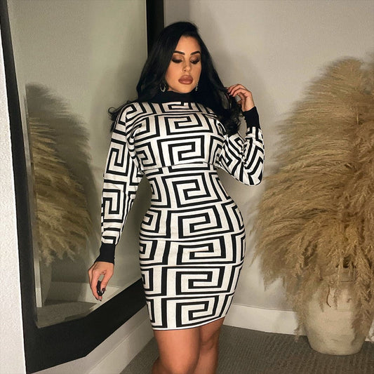Pattern Print Suit Skirt Sleeveless Turtleneck Dress Short Top Two-piece Set