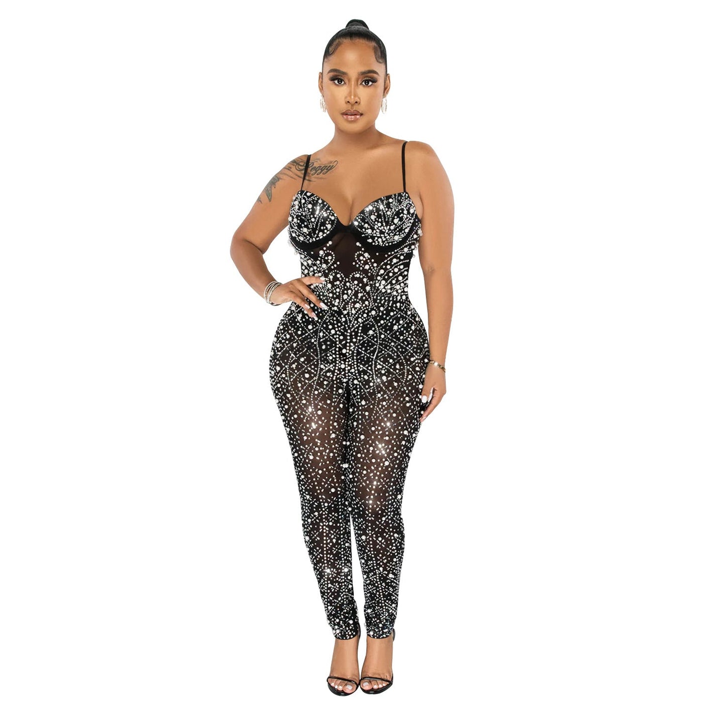 Wear Color Mesh Rhinestone Sleeveless Trousers Jumpsuit