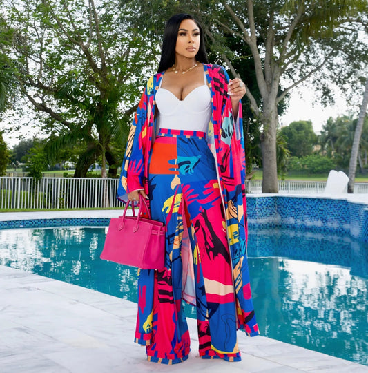Spring Autumn Set Printed Cardigan Shawl Long Sleeve Wide Leg Trousers Two Piece Set
