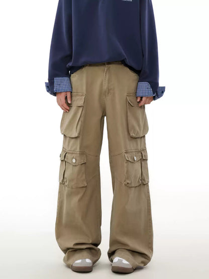 Multiple Utility Pockets Khaki Wide-leg Cargo Pants