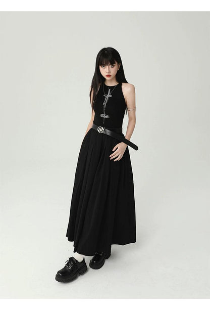 Ladyghost Gothic Sleeveless Maxi Dress - Black A-line Gown With Cross Pendant and Pentagram Belt