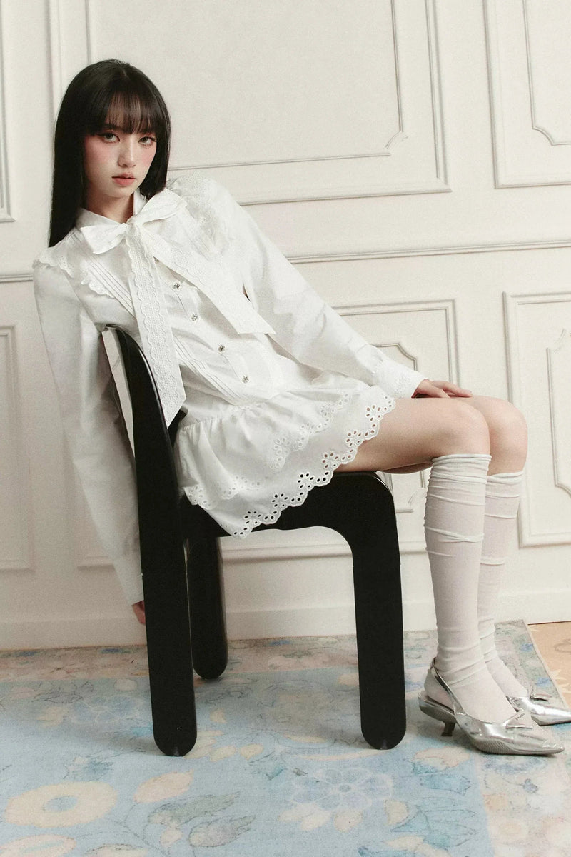 Romantic White Lace Mini Dress With Bow Tie Collar and Scalloped Hem