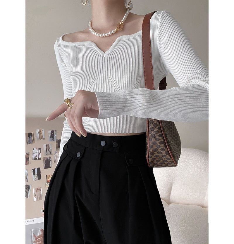 Petal Collar Short Sweater for Autumn Slim Fit Collarbone Bottoming Shirt