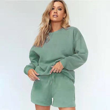 Color Rib Round-neck Clothing Brushed Hoody Side Pocket Shorts Suit
